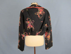 1940s Bed Jacket Quilted Floral Print Black Rayon Kamore