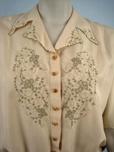 1940s Tailored Silk Blouse Embroidery Pulled Thread Work Chinese Export
