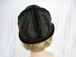 DEADSTOCK 1920s Beaded Cloche Hat Gold Metal Lace Blue Soutache 