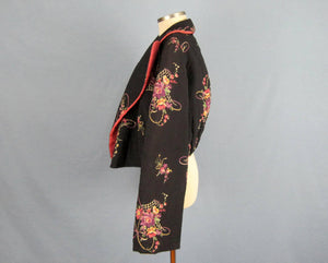 1940s Quilted Bed Jacket Floral Print Black Rayon Kamore