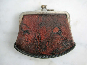 Antique 1918 Handbag & Matching Coin Purse / Art Deco Leather Purse / Dyed Marble Leather / JEMCO Locking Purse Frame Roses Ruby Glass