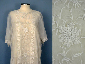 1920s Embroidered White Silk Net Lace Wedding Dress