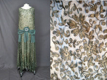 Load image into Gallery viewer, 1920s Silk Net Lace Gown Gold Metal Embroidery Jade Green Silk Lame
