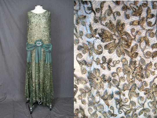 1920s Silk Net Lace Gown Gold Metal Embroidery Jade Green Silk Lame