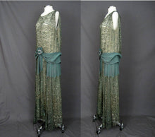 Load image into Gallery viewer, 1920s Silk Net Lace Gown Gold Metal Embroidery Jade Green Silk Lame