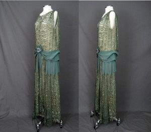 1920s Silk Net Lace Gown Gold Metal Embroidery Jade Green Silk Lame