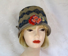 Load image into Gallery viewer, 1920s Cloche Hat 22&quot; Embroidered Straw Cloche Hat
