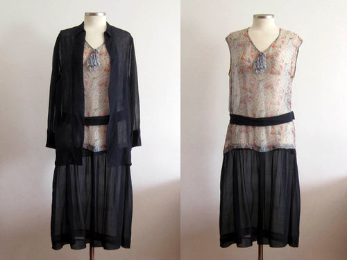 1920s American Indian Feather Print Navy Blue Silk Flapper Dress with Jacket