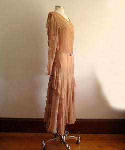1920s Silk Flapper Dress Dusty Rose Illusion Lace