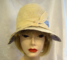 Load image into Gallery viewer, DEADSTOCK 1920s Flapper Cloche Hat Cream Blue Raffia Wide Brim