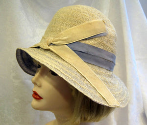 DEADSTOCK 1920s Flapper Cloche Hat Cream Blue Raffia Wide Brim