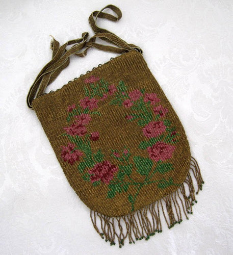 Antique 1920s Beaded Flapper Purse Micro Bead Reticule Pink Roses