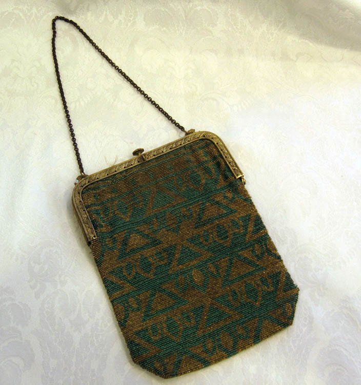 Antique French Made Metal Micro Beaded Bead Bag