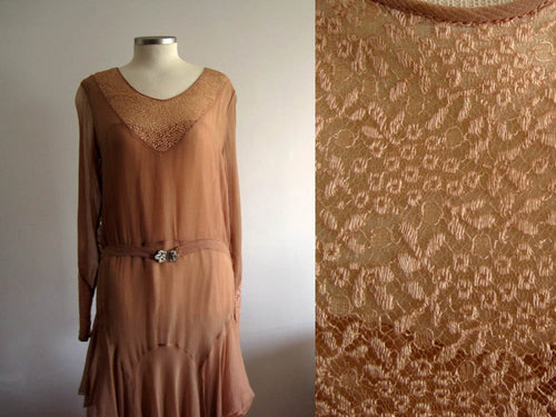 1920s Rose Silk Chiffon Flapper Dress Cape Collar