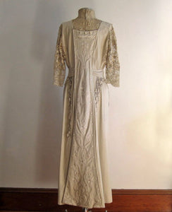 Edwardian Embroidered Wool Tea Gown Dress Irish Lace c1910
