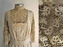 Load image into Gallery viewer, Edwardian Embroidered Wool Tea Gown Dress Irish Lace c1910