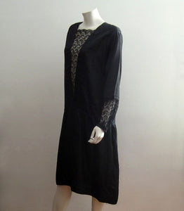 1920s Silk Flapper Dress Black Illusion Lace
