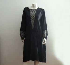 1920s Black Silk Illusion Lace Flapper Dress Rare Large Size