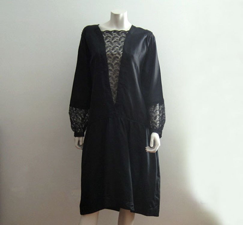1920s Black Silk Illusion Lace Flapper Dress Rare Large Size