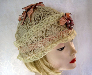 1920s Lace Boudoir Cloche Cap Silk Ribbonwork Size Adjustable to 24"