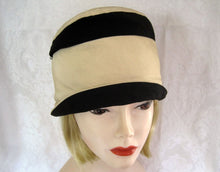 Load image into Gallery viewer, 1920s Silk Cloche Hat Black &amp; Tan Silk Faille Cloche 21&quot;