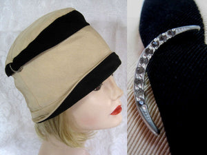 1920s Black & Tan Silk Faille Cloche Hat 21" Paste Crescent
