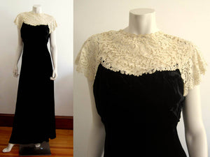 1930s Black Liquid Velvet Gown Brussels Duchesse Lace Collar