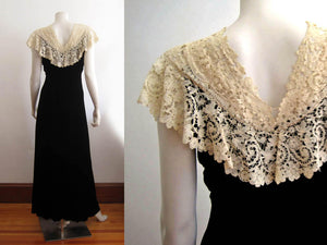 1930s Black Liquid Velvet Gown Brussels Lace Collar V-Back