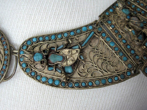 1930s Tibetan Buddhist Ceremonial Collar Necklace Brass Turquoise Glass
