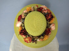 Load image into Gallery viewer, Kiwi Green Kokin Straw Hat Wide Brim Pink Yellow Roses Derby Tea Party 1980s