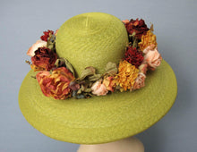 Load image into Gallery viewer, Kiwi Green Kokin Straw Hat Wide Brim Pink Yellow Roses Derby Tea Party 1980s