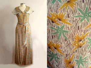 1930s Green Mustard Floral Print Cotton Voile Day Dress Excellent