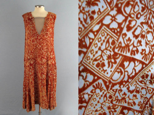 1920s Silk Flapper Dress Orange Burnout Velvet Egyptian Revival