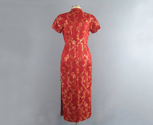 1950s Chinese Red & Gold Silk Brocade Cheongsam Wiggle Dress