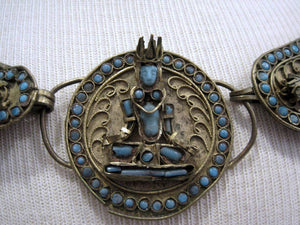 1930s Tibetan Buddhist Ceremonial Collar Necklace Brass Turquoise Glass
