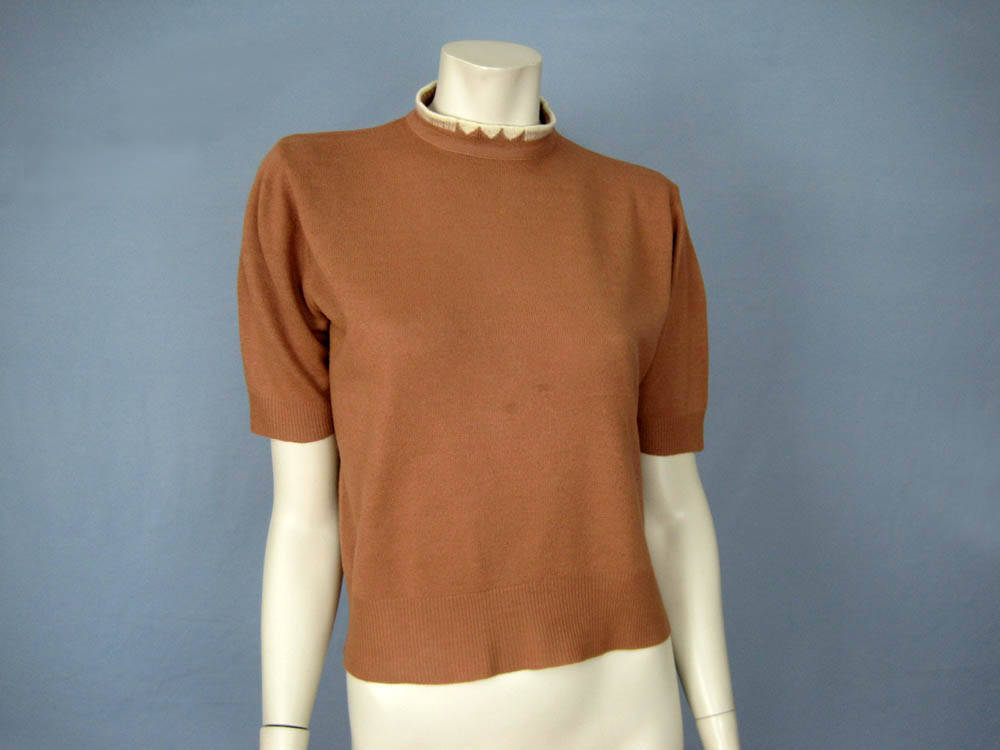 1940s Cashmere Sweater Taupe Creamy White Intarsia Sweater