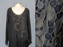 Load image into Gallery viewer, 1920s Blue Silk Dress Honeycomb Smocking Schiffli Lace Flapper Dress