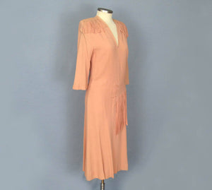 11940s WWII Era Fringed Peach Pink Rayon Dance Dress