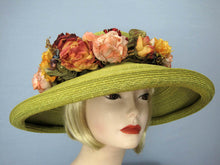 Load image into Gallery viewer, Kiwi Green Kokin Straw Hat Wide Brim Pink Yellow Roses Derby Tea Party 1980s