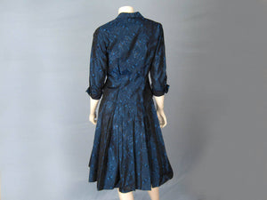 1950s New Look Tailored Suit Blue Black Satin Brocade