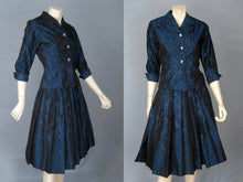 Load image into Gallery viewer, 1950s New Look Tailored Suit Blue Black Satin Brocade