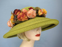 Load image into Gallery viewer, Kiwi Green Kokin Straw Hat Wide Brim Pink Yellow Roses Derby Tea Party 1980s