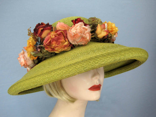 Kiwi Green Kokin Straw Hat Wide Brim Pink Yellow Roses Derby Tea Party 1980s