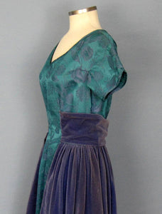 1950s Purple Velvet Teal Brocade Party Swing Dress Vogue Couturier Design