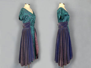 1950s Purple Velvet Teal Brocade Party Swing Dress Vogue Couturier Design