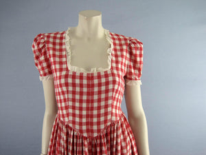 1950s Swing Dress Red White Gingham Full Sweep Gown