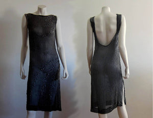 1930s Beaded Black Silk and Rhinestone Dress Low Scoop Back