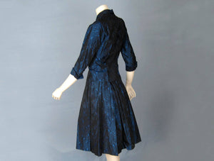 1950s New Look Tailored Suit Blue Black Satin Brocade