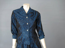 Load image into Gallery viewer, 1950s New Look Tailored Suit Blue Black Satin Brocade