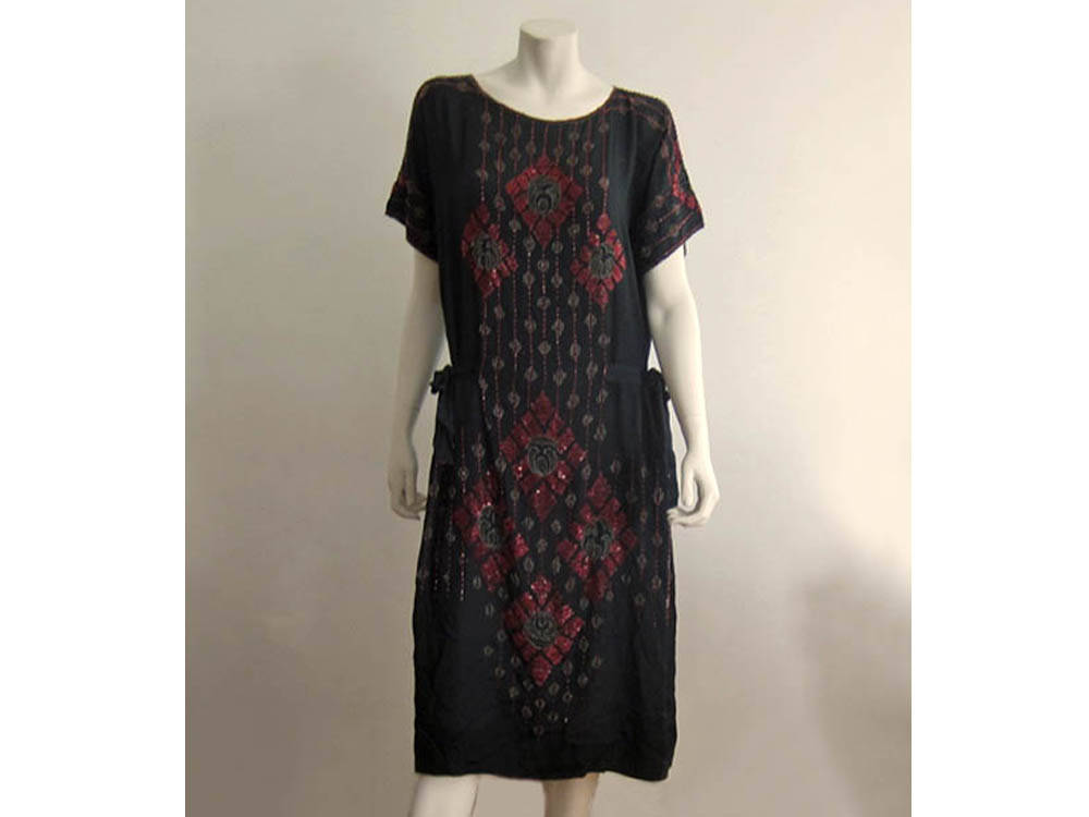 1920s Beaded Silk Flapper Dress Red Glass Beads Black Silk